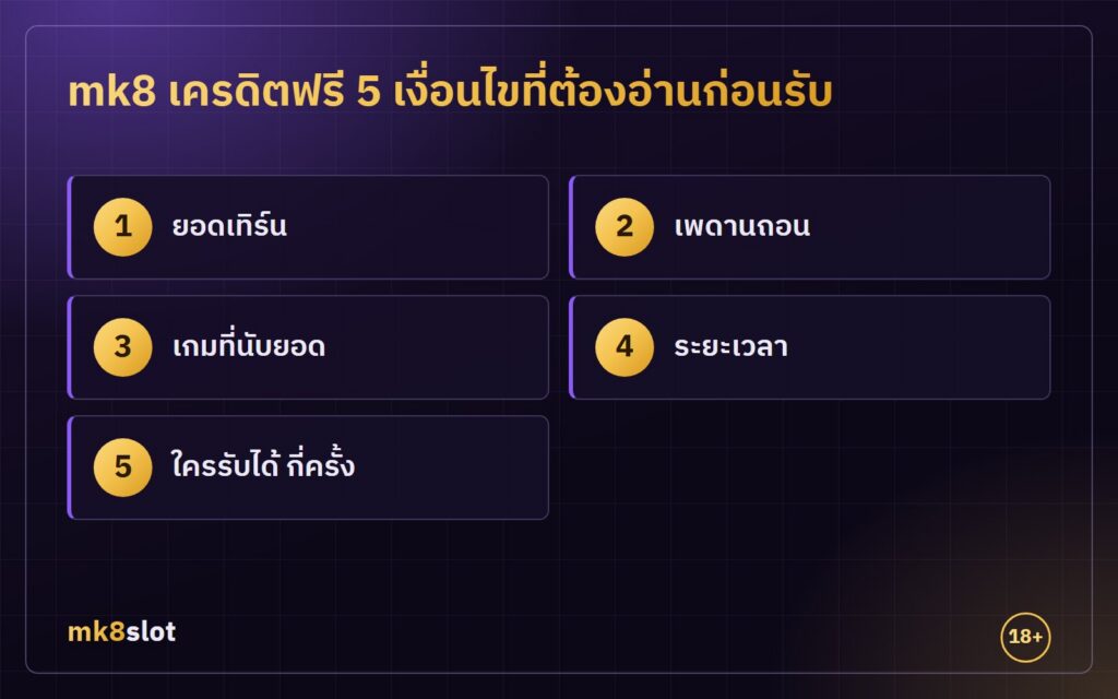 mk8 เครดิตฟรี 5 เงื่อนไขที่ต้องอ่านก่อนรับ ยอดเทิร์น เพดานถอน เกมที่นับยอด ระยะเวลา และสิทธิ์การรับ